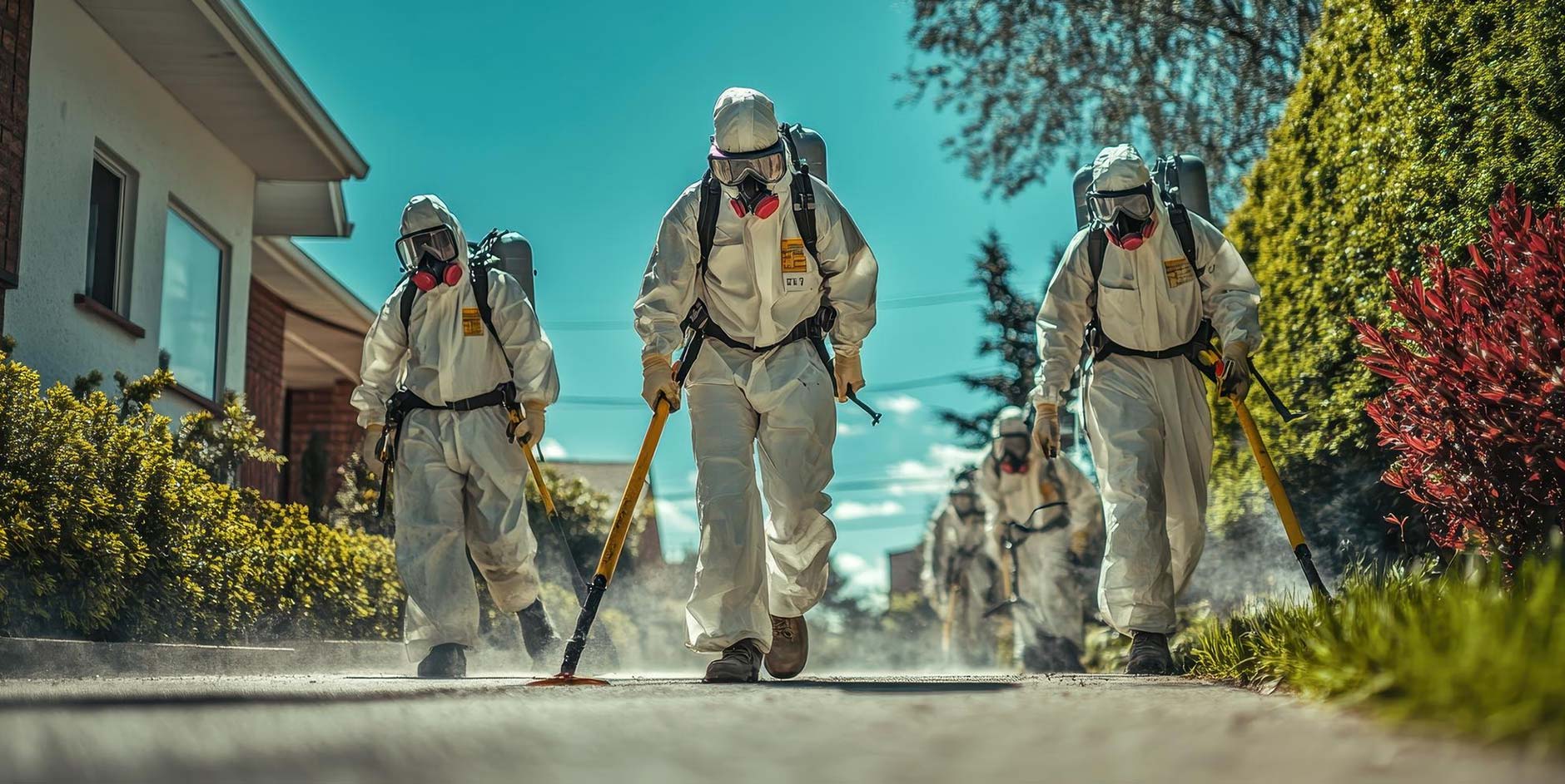Imagem ilustrativa de profissionais com equipamentos de proteção em um ambiente residencial